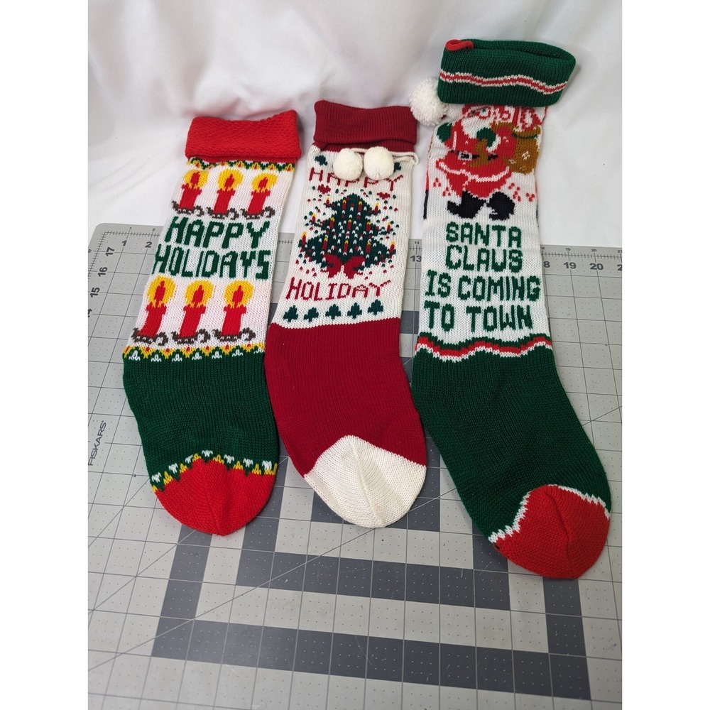 Knit‎ Christmas Stocking Lot Happy Holidays Santa Claus